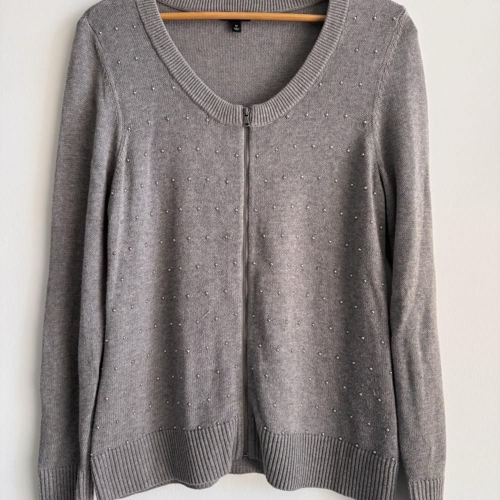 Talbots Full Zip‎ Studded Cardigan Sweater Womens Medium Gray Embellished Knit